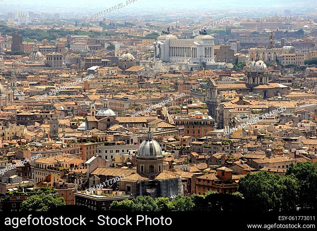 Aerial view of the city of Rome, Italy, with the Monument Nazionale a Vittorio Emanuele II at the bottom of the image