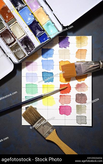 Watercolorist tools on a table