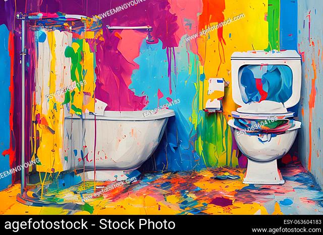 artificial intelligence generated digital image of the unorganized or abandoned bathroom with bath tub, toilet and uncleaned shower