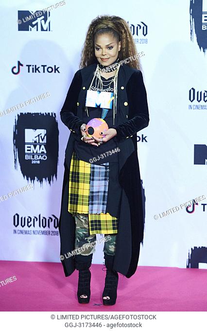 Janet Jackson poses her Icon Globe Award in the press room during the 25th MTV EMAs 2018 held at Bilbao Exhibition Centre 'BEC' on November 4, 2018 in Madrid