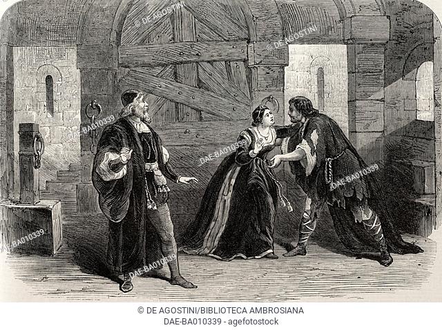 Meeting of Silvio and Bianca d'Albizzi in the prison, Leone Salviati on the left, scene from The Watch-cry, Lyceum Theatre, London, United Kingdom