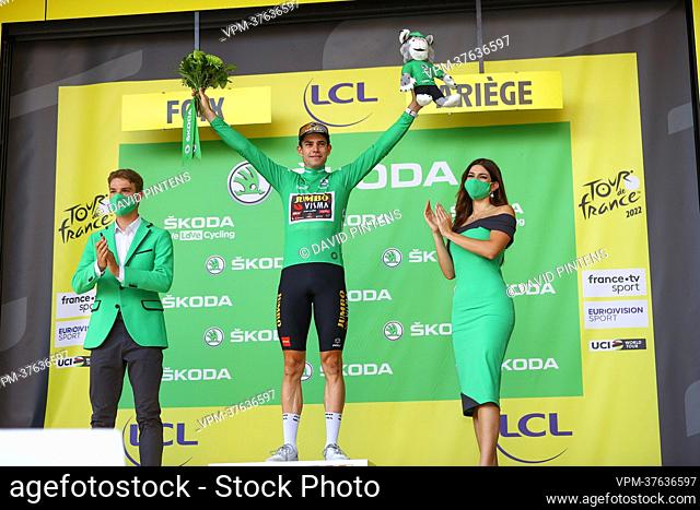 Belgian Wout Van Aert of Team Jumbo-Visma celebrates in the green jersey of leader in the points ranking after stage sixteen of the Tour de France cycling race