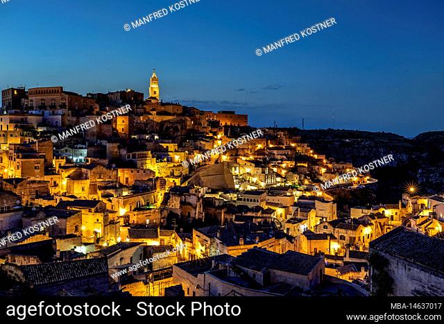 Matera, Matera province, Basilicata, Italy, Europe. Evening twilight in Sasso Barisano