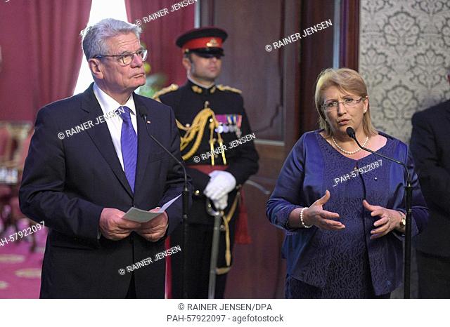 German President Joachim Gauck and Maltese President Marie-Louise Coleiro Preca give a press conference in the Grandmaster's Palace in Valletta, Malta