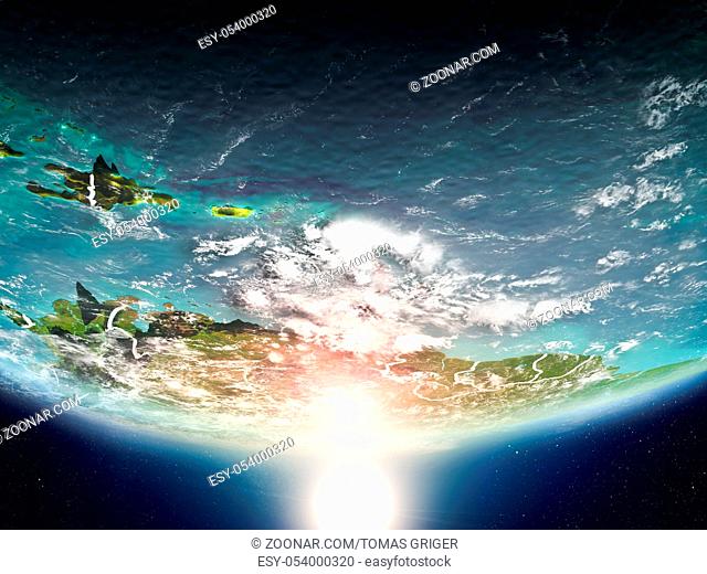 Caribbean from orbit of planet Earth in sunrise with highly detailed surface textures and visible country borders. 3D illustration