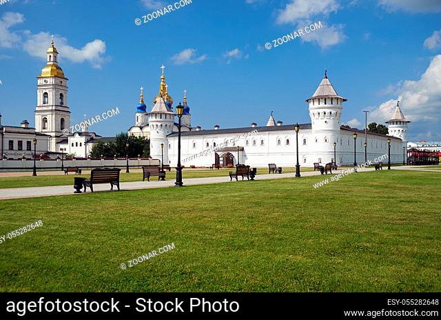 The Seating courtyard and the belfry of Tobolsk Kremlin as seen from the Red square. Tobolsk. Tyumen Oblast. Russia