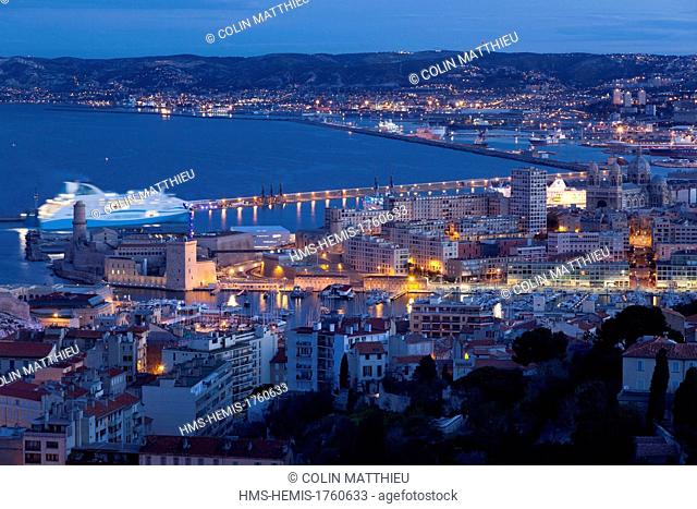 France, Bouches du Rhone, Marseille, Vieux Port, fort saint jean and largest seaport GPMM, ferry