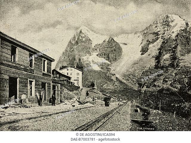 The Wengernalp train station at the foot of the Jungfrau range, Switzerland, engraving after a photo, from L'Illustrazione Italiana, Year XX, No 34, August 20