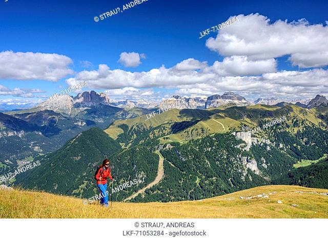 Woman hiking towards Sas Aut, Langkofel and Sella range in background, Sas Aut, Vallaccia range, Marmolada, Dolomites, UNESCO World Heritage Dolomites, Trentino