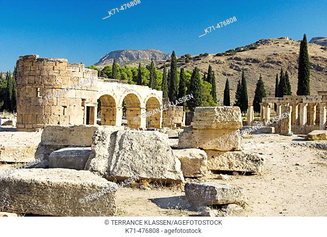Frontinus Street and the triple gate of Domintian in the ruins of Hierapolis, Turkey