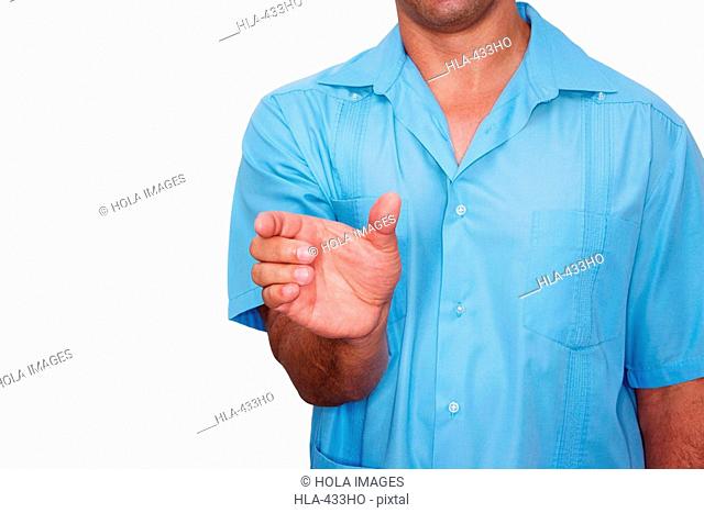 Mid section view of a man gesturing with his hand