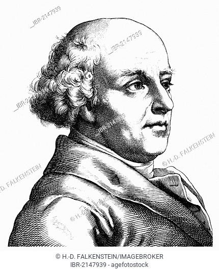 Historical drawing from the 19th Century, portrait of Christian Friedrich Samuel Hahnemann, 1755 - 1843, a German physician, medical scripture