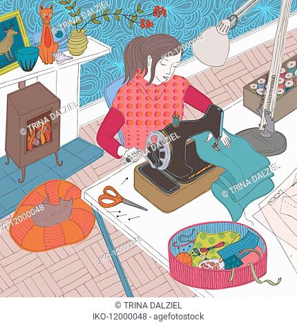 Young woman using sewing machine in cozy living room