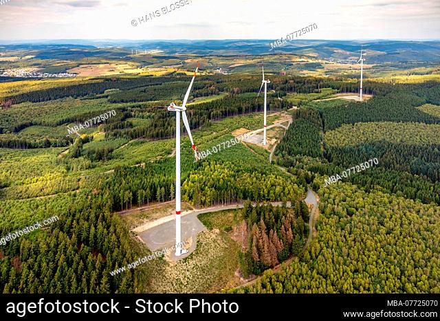 Aerial shots, wind mills on the cold oak, wind power plant, Dillbrecht, Wilnsdorf, Siegerland, circle of Siegen-Wittgenstein, North Rhine-Westphalia, Germany