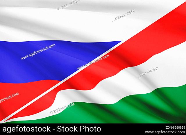 Flags of Russia and Republic of Seychelles blowing in the wind. Part of a series