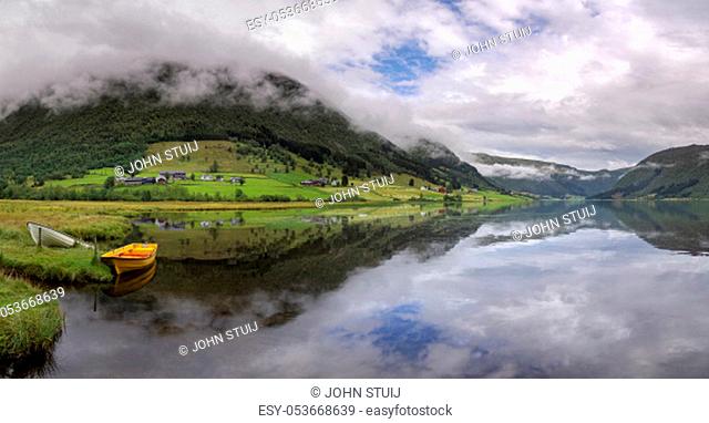 Panoramic view over lake Dalavatnet near the Norwegian town Sogndal on a clear and crisp day
