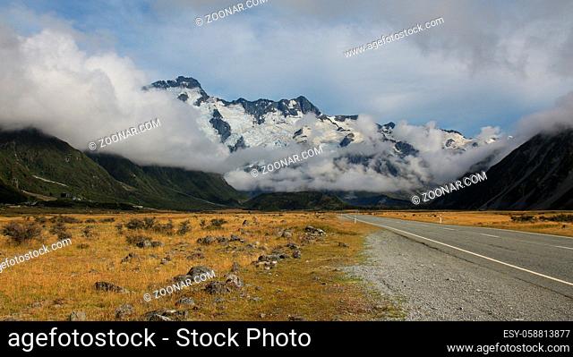 Road towards Mount Cook village. Mount Sefton and The Footstool