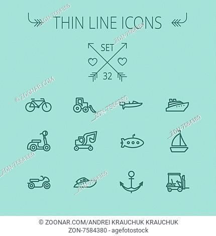 Transportation thin line icon set for web and mobile. Set includes- golf cart, trucks, motor, boat, submarine, anchor, scooter icons