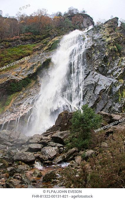 View of horsetail waterfall flowing over rocks, highest waterfall in Ireland, Powerscourt Waterfall, River Dargle, Powerscourt Estate, Enniskerry