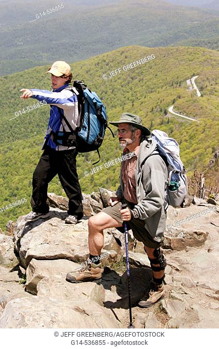 Virginia, Shenandoah National Park, Stony Man Mountain Summit, hikers, rocks, Skyline Drive beyond