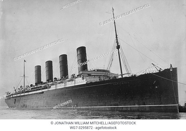 LOCATION UNKNOWN -- c. 1907-1915 -- The RMS LUSITANIA - a large trans-Atlantic liner that was sunk in 1915 by a German navy U-Boat with great loss of life --...