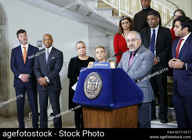 New York, USA, December 01, 2023 - Mayor Eric Adams, GMHC members along with Cesar Antonio Nunez, (Director of UNAIDS New York Office)