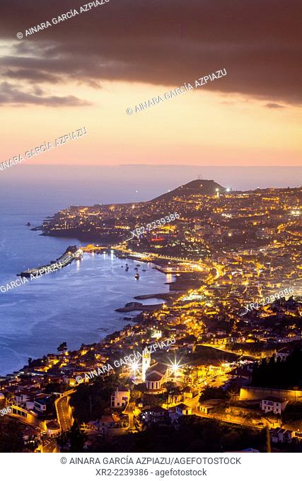 Panoramic view of Funchal at sunset from das Neves viewer, Madeira, Portugal