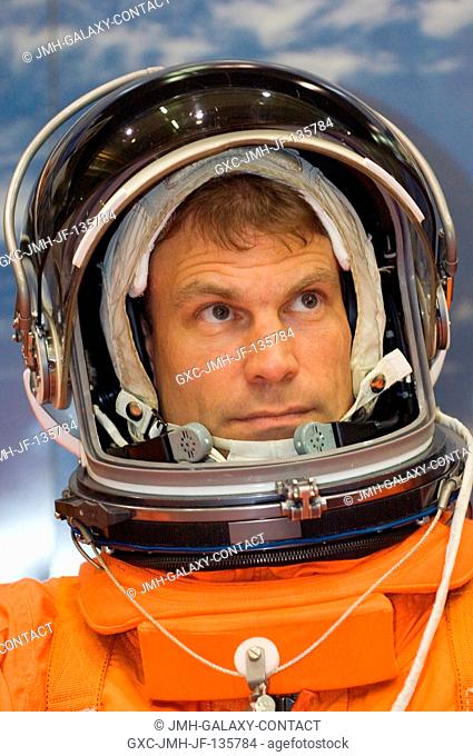 Attired in a training version of his shuttle launch and entry suit, astronaut Stanley G. Love, STS-122 mission specialist