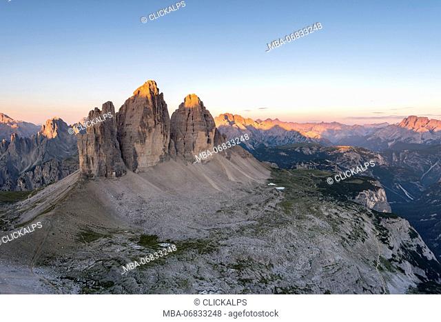 Sesto / Sexten, province of Bolzano, Dolomites, South Tyrol, Italy. The Three Peaks of Lavaredo at sunrise