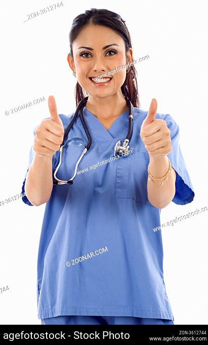A beautiful Asian nurse giving two thumbs up islolated over white background