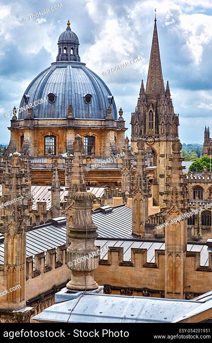 The view of Radcliffe Camera dome and the spire of University Church of St Mary the Virgin from the cupola of Sheldonian Theatre. Oxford University