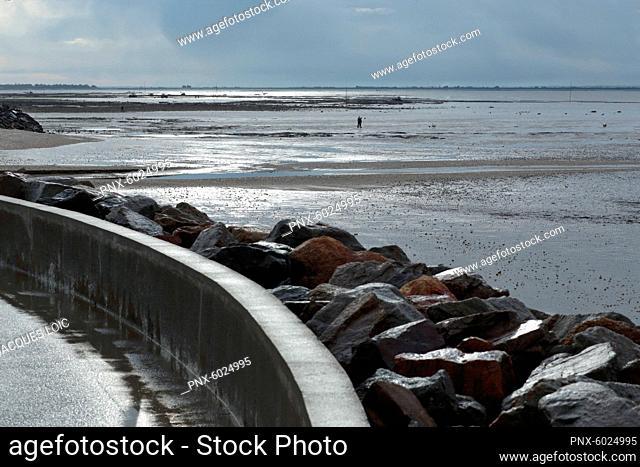 France, Bourgneuf bay, La Bernerie-en-Retz, 44, low tide view of the pier which runs along the water
