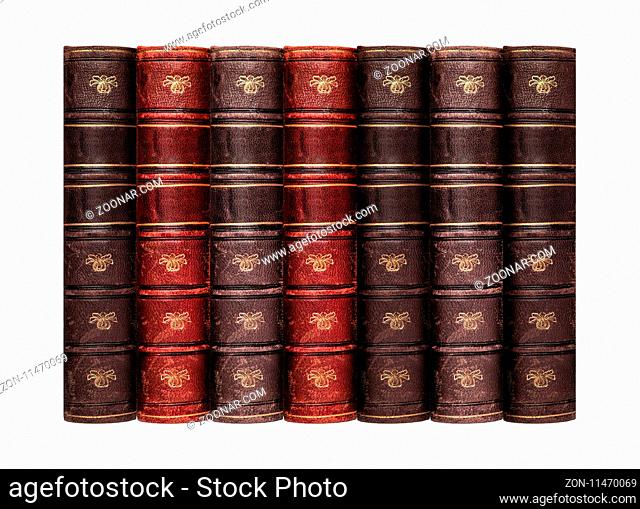 old books with leather brown and red skin