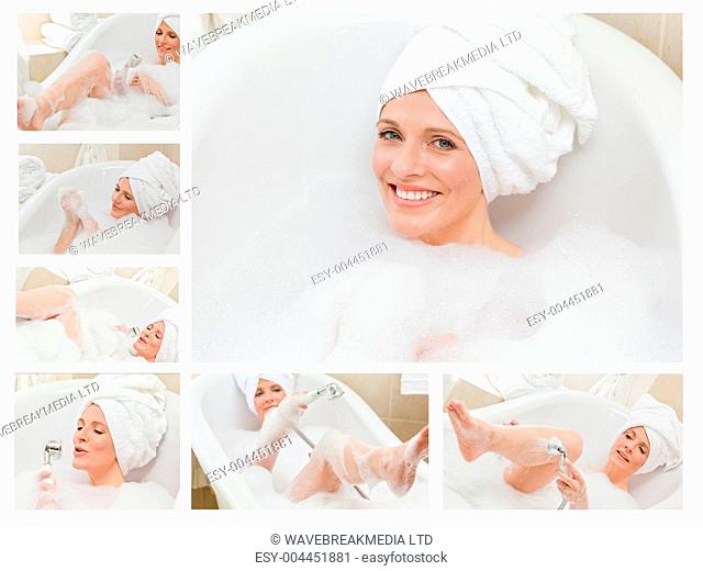 Collage of a cute woman taking a bath