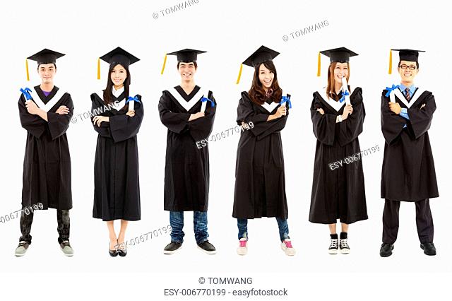 full length of happy young graduate students group