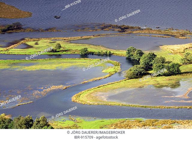 The southern end of Derwent Water during autumn flooding, Lake District, Cumbria, United Kingdom, Europe