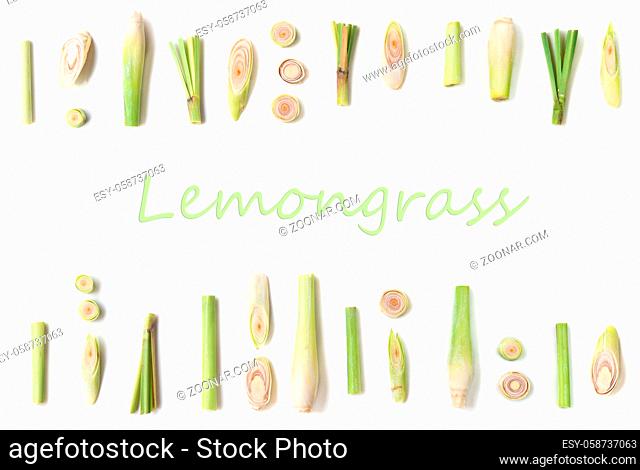 Fresh green lemongrass slices with copy space isolated on white background