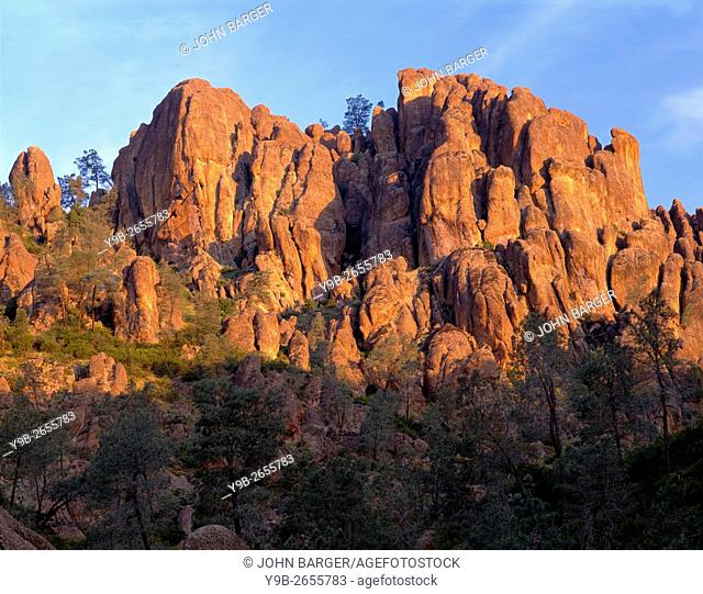 USA, California, Pinnacles National Park, Sunrise highlights spires and crags in the High Peaks Area which are part of the remains of an ancient volcano