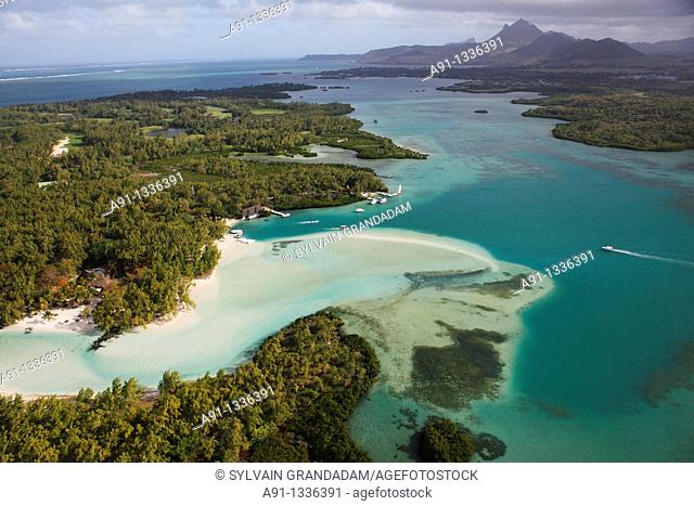 Mauritius, aerial view from an helicopter, Stags island ile aux cerfs and Mangenie islet
