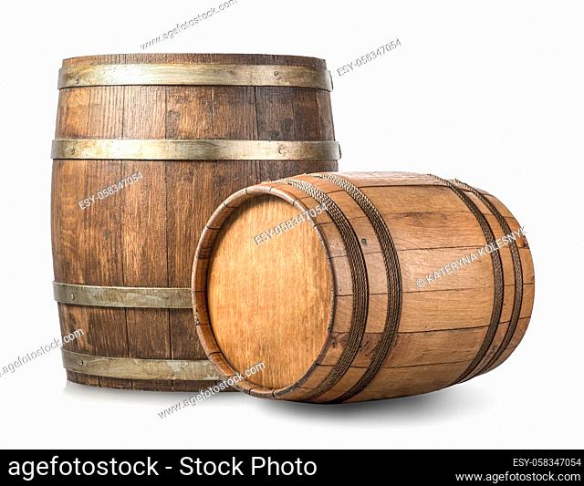 Two wooden barrels isolated on a white background