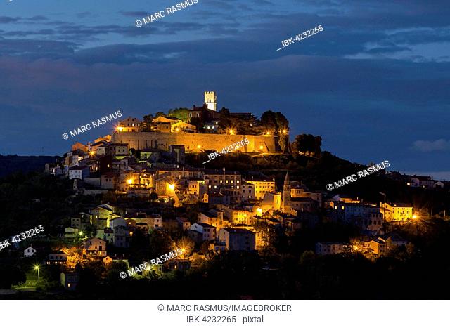 Idyllic village on hilltop with Venetian fortress at night, Motovun, Istria, Croatia