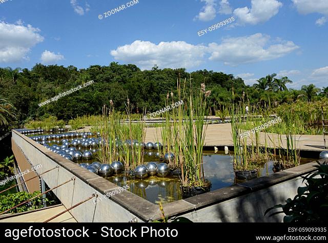 Brunadinho, Inhotim, Minas Gerais, Brazil - FEBRUARY 2013: Yayoi Kusama Narcissus garden, stainless steel balls on water in the Inhotim Inhotim public...