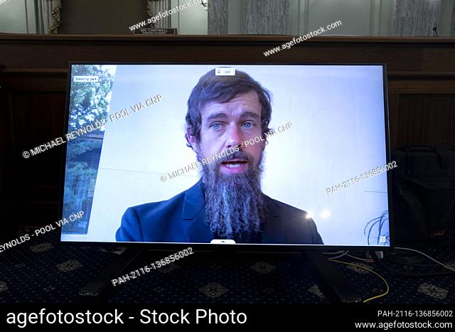 CEO of Twitter Jack Dorsey appears on a monitor as he testifies remotely during the Senate Commerce, Science, and Transportation Committee hearing 'Does Section...
