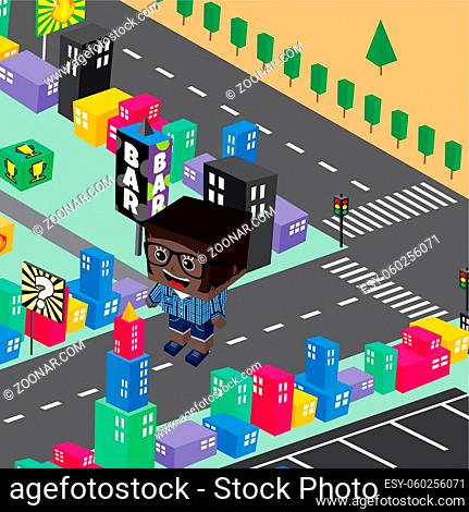 block isometric world cartoon theme vector illustration