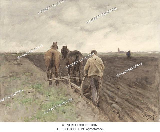 Plowing Farmer, 1848-88, Dutch watercolor painting by Anton Mauve. In distance another farmer sows seeds. In far distance is the steeple of a church