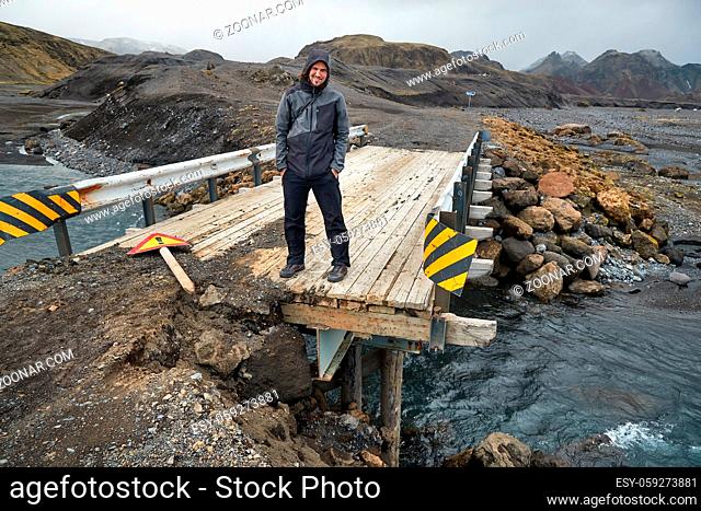 Damaged bridge on a countryside road in Iceland, collapsed road
