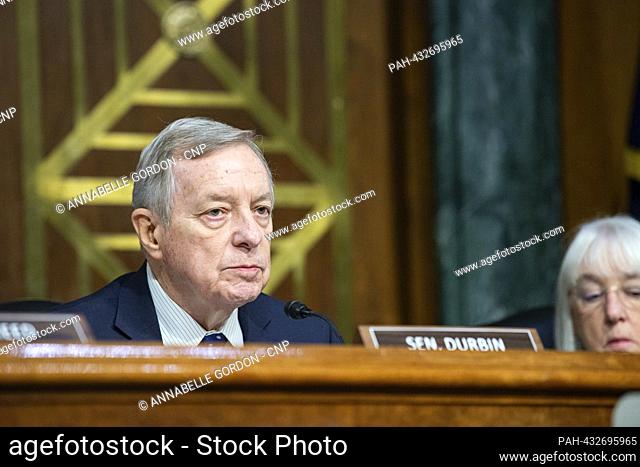 United States Senator Dick Durbin (Democrat of Illinois) at a Senate Appropriations Hearing to examine the national security supplemental request in the Dirksen...
