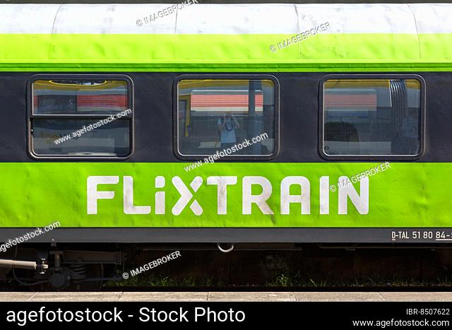 Flixtrain logo on a train at the main station in Stuttgart, Germany, Europe