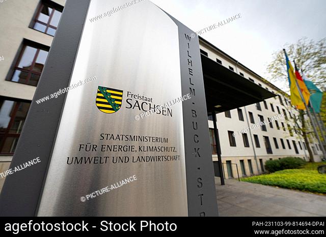 03 November 2023, Saxony, Dresden: A sign reading ""Free State of Saxony State Ministry for Energy, Climate Protection, Environment and Agriculture"" stands in...
