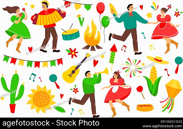 Festa junina. Folklore latin america holiday collection, festive bright colorful items, farmers party decor, music and man and woman dancers with traditional...